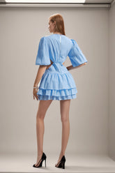 Mini-robe plissée sexy sans taille avec décolleté en V profond et manches lanternes